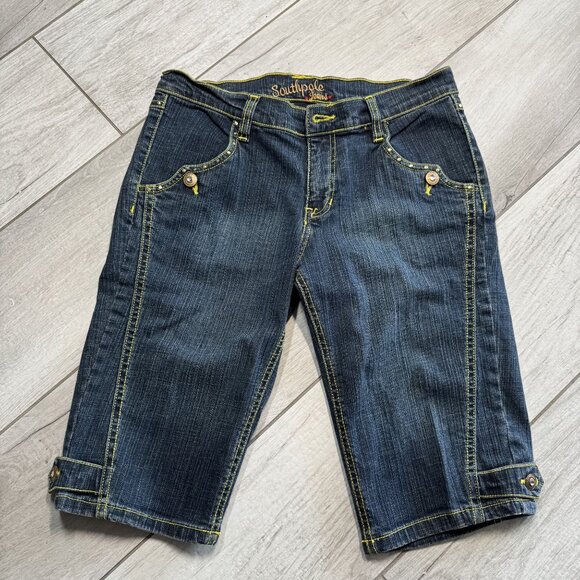 Southpole Womens Y2K Denim Bermuda Shorts Size 7 Embroidered Pockets Dark Wash C - Picture 1 of 8